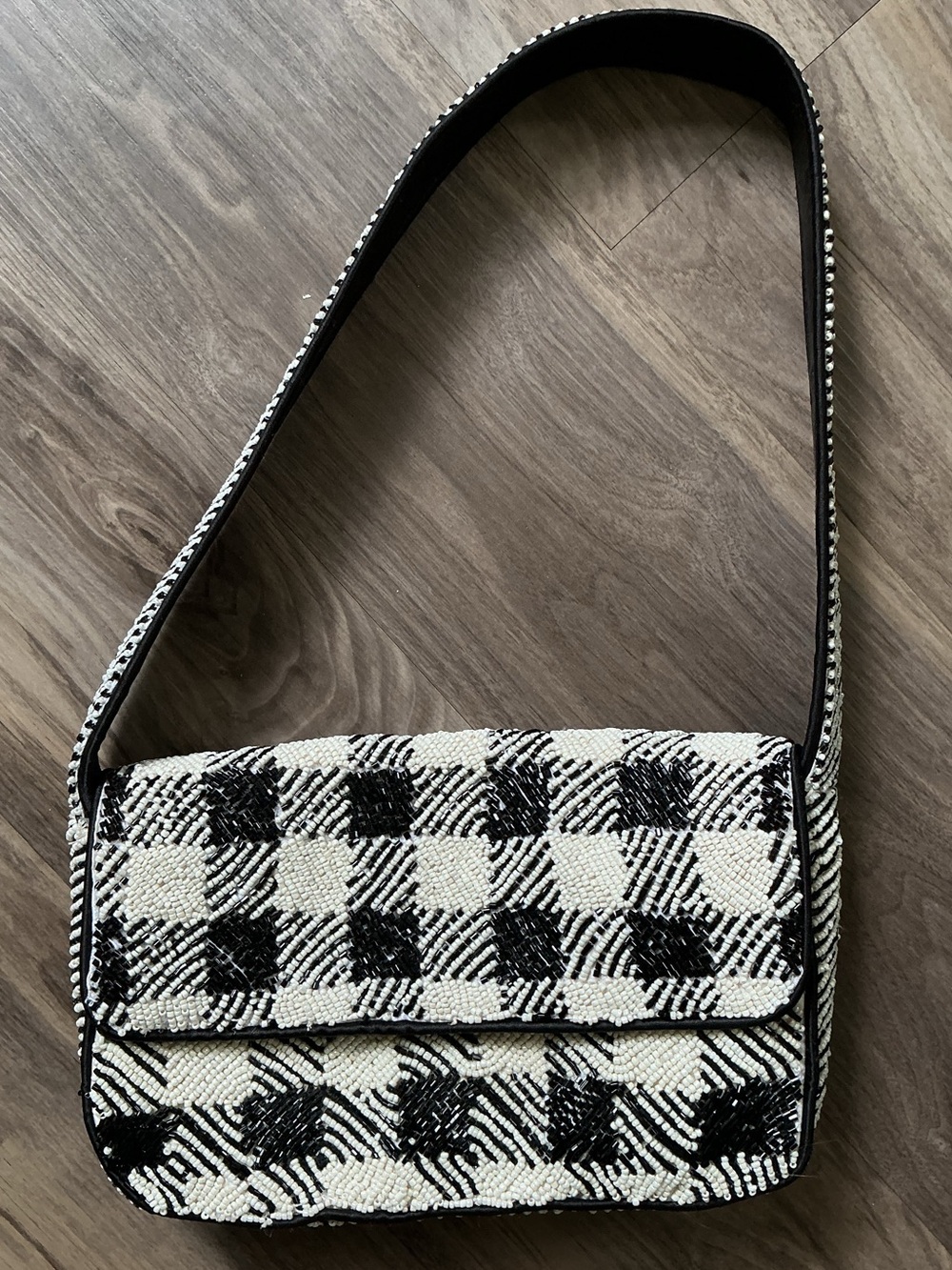Black and White Beaded Check Shoulder Bag